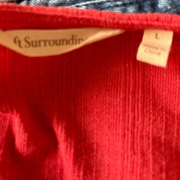 Soft Surroundings Lace Trim V-Neck Top Red Orange Short Sleeve Size L - Picture 2 of 6